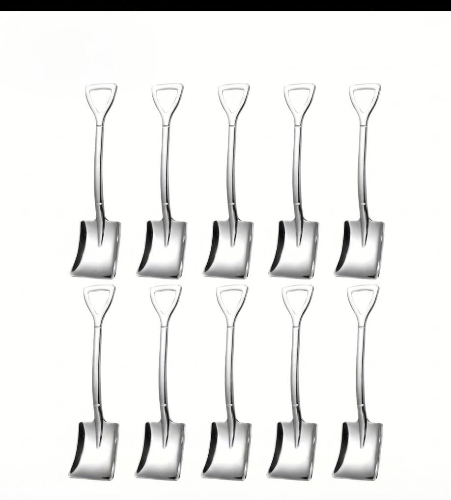 Set 10 Cucchiaini a Vanga o Badile in Acciaio Inox, Cucchiaini da Dessert a Forma di Badile o Vanga, Palette Creative per Caffè, Espresso, Gelato, Yogurt e Torte, Lavabili in Lavastoviglie, Idea Regalo Divertente