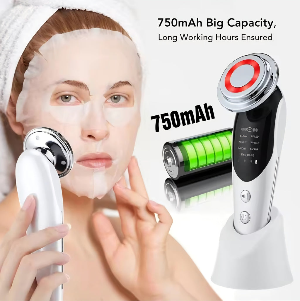 Dispositivo Viso Multifunzione 7 in 1, Massaggiatore Viso Antirughe con Microcorrente EMS e Radiofrequenza RF, Fototerapia LED e Massaggio Termico, Sollevamento e Tonificazione Pelle + Acido Ialuronico 30ml