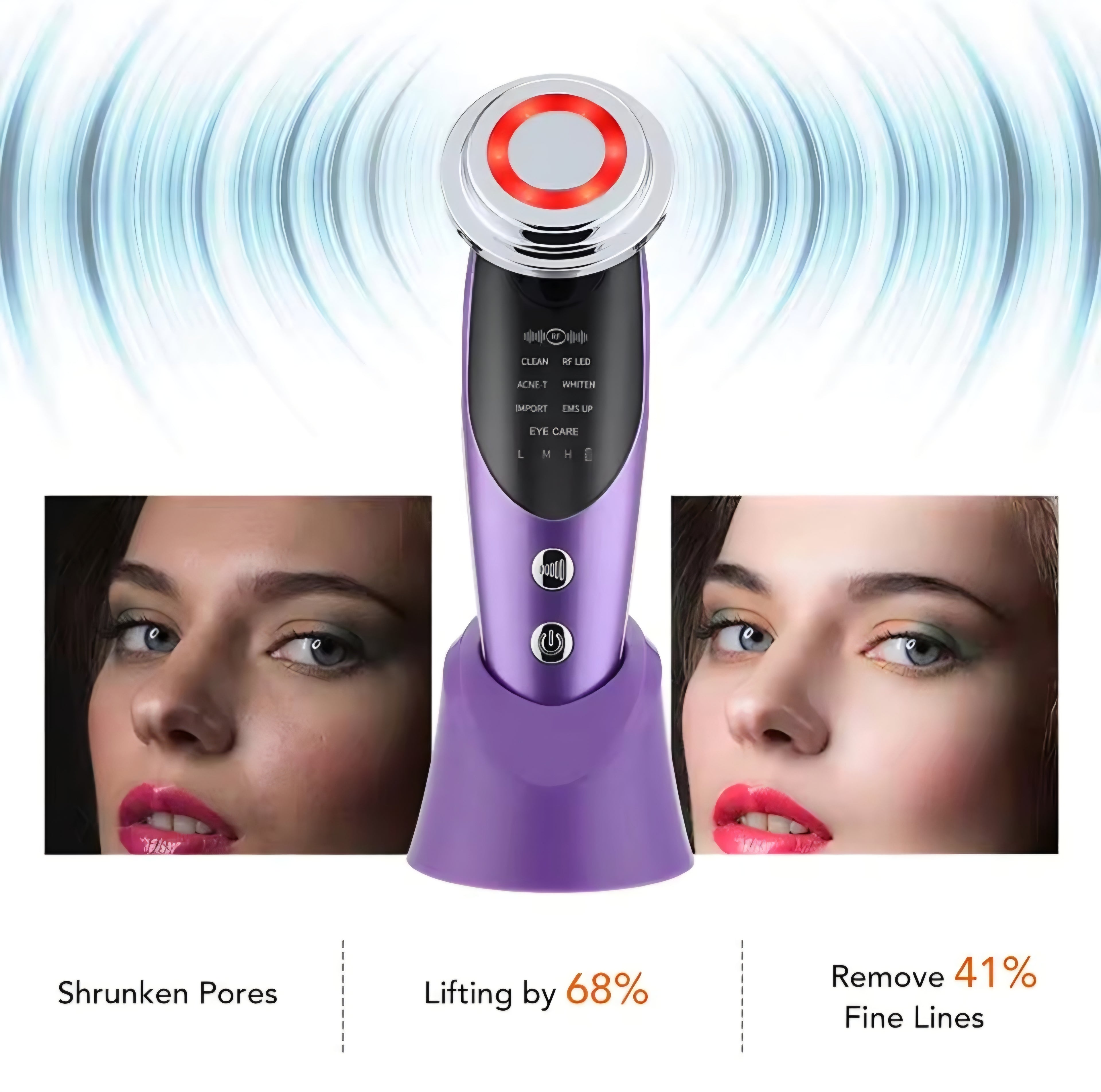 Dispositivo Viso Multifunzione 7 in 1, Massaggiatore Viso Antirughe con Microcorrente EMS e Radiofrequenza RF, Fototerapia LED e Massaggio Termico, Sollevamento e Tonificazione Pelle + Acido Ialuronico 30ml