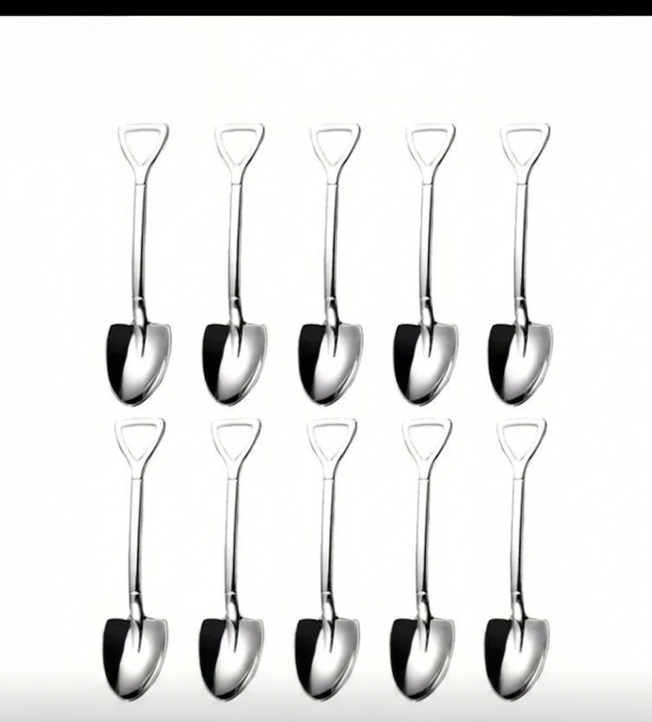 Set 10 Cucchiaini a Vanga o Badile in Acciaio Inox, Cucchiaini da Dessert a Forma di Badile o Vanga, Palette Creative per Caffè, Espresso, Gelato, Yogurt e Torte, Lavabili in Lavastoviglie, Idea Regalo Divertente