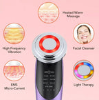 Dispositivo Viso Multifunzione 7 in 1, Massaggiatore Viso Antirughe con Microcorrente EMS e Radiofrequenza RF, Fototerapia LED e Massaggio Termico, Sollevamento e Tonificazione Pelle + Acido Ialuronico 30ml