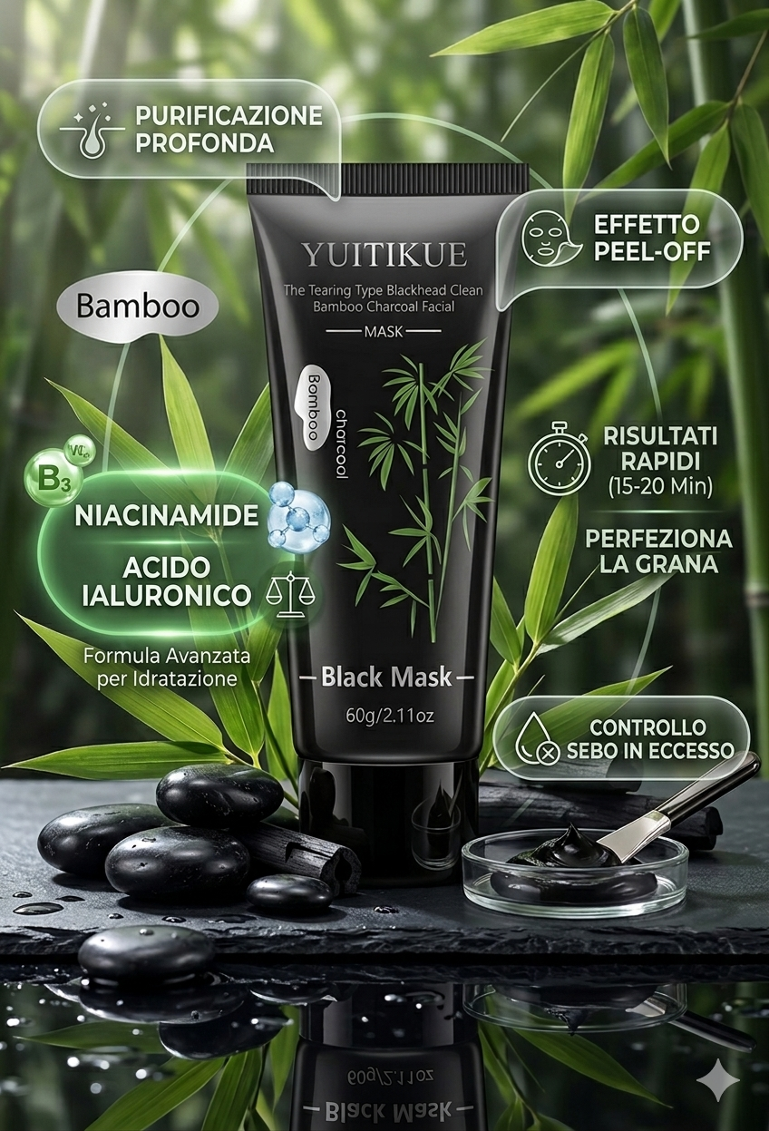 Black Mask: Maschera Viso Peel-Off al Carbone di Bambù, Niacinamide e Acido Ialuronico (60g)