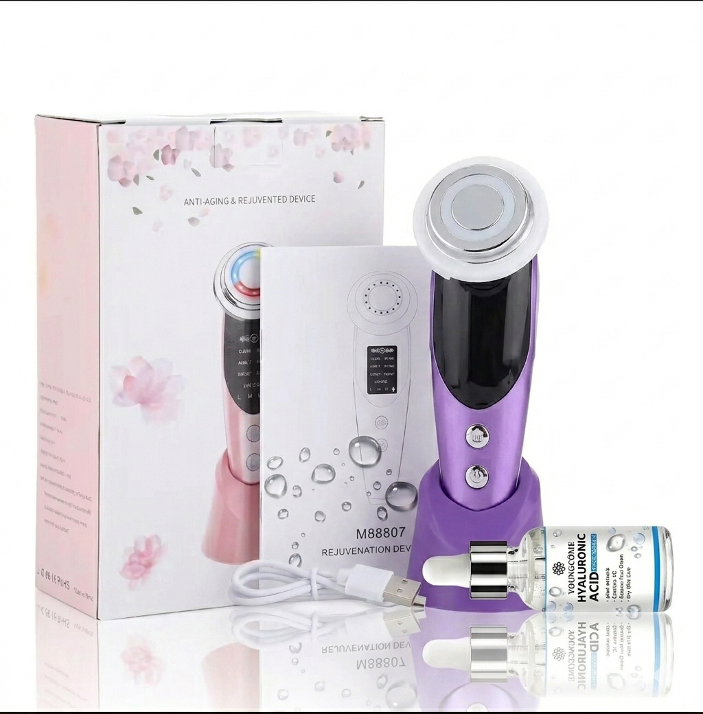 Dispositivo Viso Multifunzione 7 in 1, Massaggiatore Viso Antirughe con Microcorrente EMS e Radiofrequenza RF, Fototerapia LED e Massaggio Termico, Sollevamento e Tonificazione Pelle + Acido Ialuronico 30ml