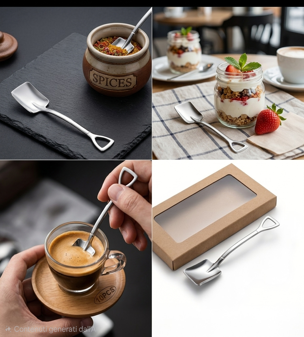 Set 10 Cucchiaini a Vanga o Badile in Acciaio Inox, Cucchiaini da Dessert a Forma di Badile o Vanga, Palette Creative per Caffè, Espresso, Gelato, Yogurt e Torte, Lavabili in Lavastoviglie, Idea Regalo Divertente