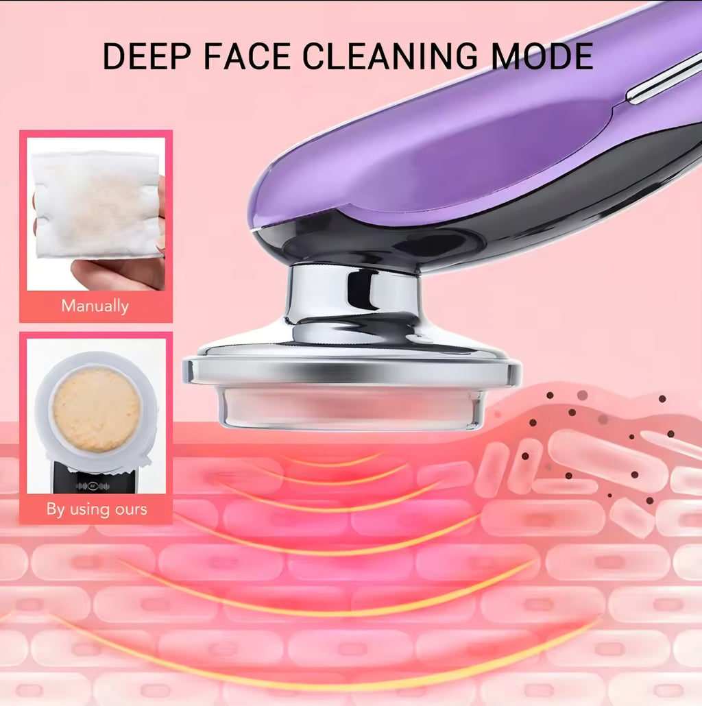 Dispositivo Viso Multifunzione 7 in 1, Massaggiatore Viso Antirughe con Microcorrente EMS e Radiofrequenza RF, Fototerapia LED e Massaggio Termico, Sollevamento e Tonificazione Pelle + Acido Ialuronico 30ml